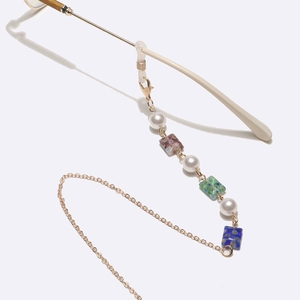 Golden mask and eyeglass chain with millefiori floral beads and white faux pearls
