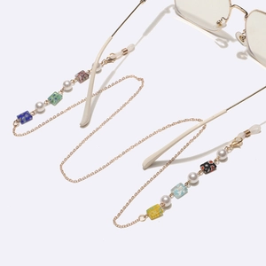 Golden mask chain with colorful square millefiori glass beads and white pearls