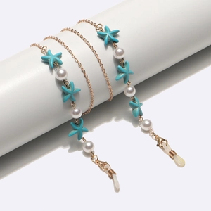 Gold Metal Glasses Chain With Blue Starfish And Faux Artificial Pearls Non Slip Sunglasses Strap Holder For Women Ocean Style