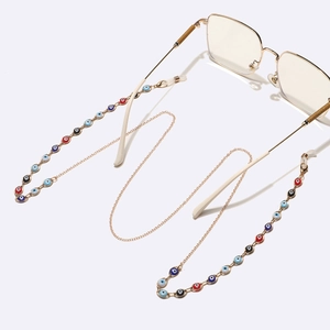 Colorful evil eye bead chain for glasses with gold metal and non-slip silicone loops