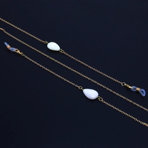 Golden eyewear chain with white teardrop shell beads and non-slip silicone loops