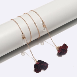 Elegant Metal Glasses Chain With Dark Red Satin Rose Flower Pendants Anti-Slip Sunglasses Strap For Women Fashion Eyewear Accessory