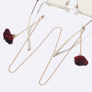 Elegant gold metal glasses chain with handmade dark red silk flower tassels for sunglasses