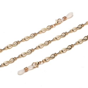 Golden infinity link eyeglass and mask chain with adjustable silicone loops and lobster clasps