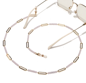 Elegant gold oval link and pink pearl eyewear chain with secure silicone loops