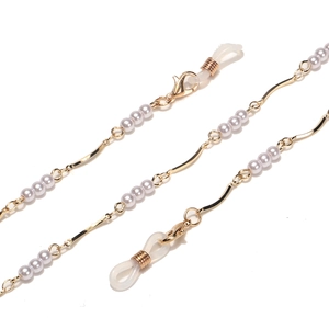 Fashionable white pearl and gold metal curved bar eyewear chain with lobster clasps