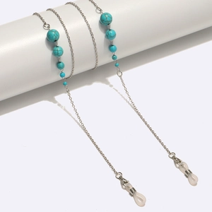 Mode Brillenkette Brillenband Metall Silberfarben Mit Türkis Perlen Rutschfest Silikonschlaufen Anti Verlorenen Schmuck