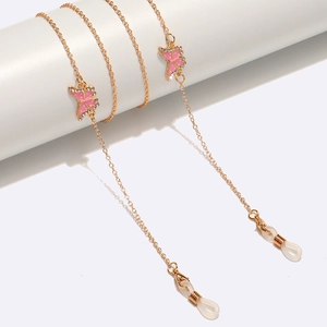 Gold metal eyewear chain featuring pink butterfly pendants with rhinestones and pearls