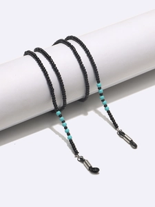 Handmade beaded eyewear chain with black and turquoise beads and adjustable rubber loops