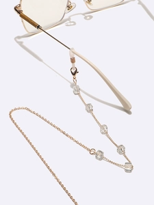 Square clear crystal bead eyewear chain with gold metal links and silicone loops