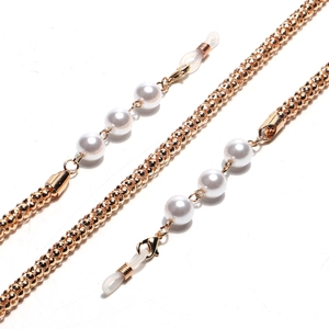 Golden metal corn chain eyeglass strap with white pearls and silicone anti-slip loops