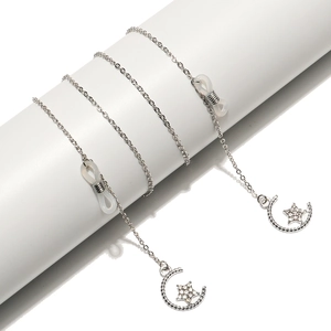 Silberne Punk Stern-Mond Brillenkette mit funkelnden Strasssteinen und Schlaufen