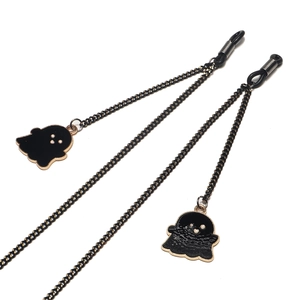 Black metal glasses chain with fashion ghost pendant and rubber loops on white background