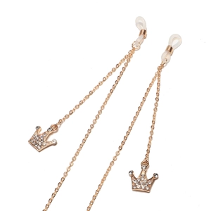 Elegant Gold Plated Alloy Glasses Chain With Rhinestone Crown Pendant Anti-Slip Silicone Loops Fashion Eyewear Strap
