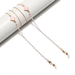 Brillenkette Rosa Kleeblatt Anhänger Faux Künstliche Perle Gold Metall Rutschfeste Brillenband Für Damen