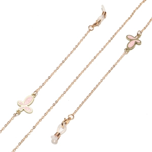 Golden eyewear chain with pink butterfly pendants and secure silicone loops