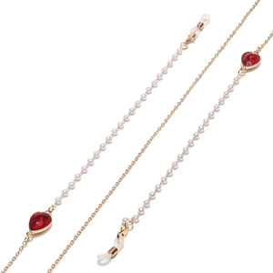 Detail of gold glasses chain with white pearls and red teardrop crystal pendants