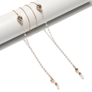 Elegant gold glasses chain with white pearls and water-drop crystal pendants