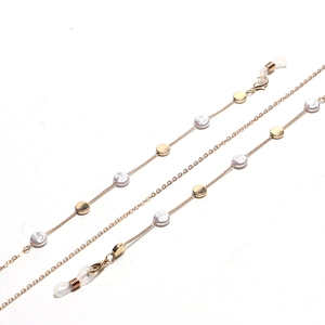 Gold chain glasses strap with white pearls and metal discs for sunglasses security