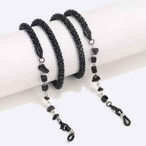 Close-up of 6.0mm black natural stone glasses chain with beads and metal lobster clasps