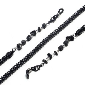 Black 6mm eyewear chain with natural stones, mesh cord, and adjustable silicone loops