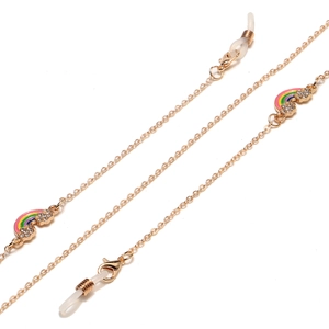 Golden punk style chain for glasses or masks with rhinestone rainbow charms on white background