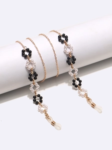 Metal Alloy Glasses Chain With Black White Faux Artificial Pearl Flower Non Slip Eyewear Lanyard