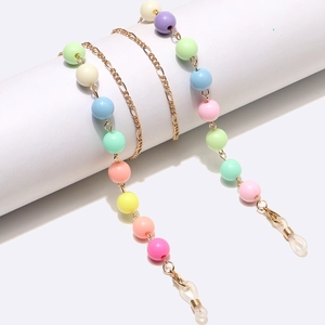 Chaîne à lunettes dorée en métal avec perles macaron 8mm colorées et attaches en gomme