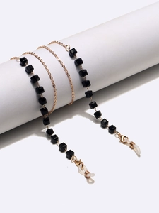 Fashionable square black crystal eyeglass chain with gold metal lobster clasp and rubber loops