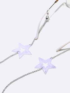 Silver metal eyewear chain with purple frosted star charms and silicone loops