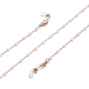 Handmade 2mm pink crystal eyewear chain with gold links and non-slip silicone loops