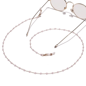 Handmade 2mm pink crystal beaded glasses chain with gold lobster clasp on white background