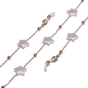 Golden eyewear chain with white pearl stars and metallic beads for sunglasses or masks