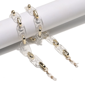 Fashionable eyeglass chain with transparent acrylic links and gold metal rectangle rings