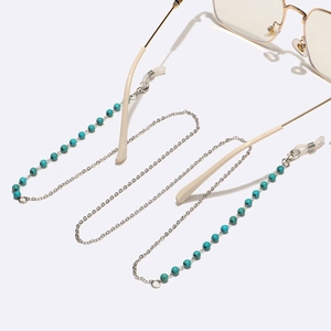 Green turquoise beaded and silver stainless steel glasses chain with non-slip silicone loops