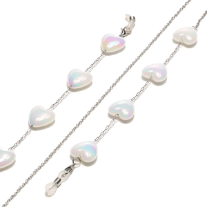 Iridescent heart pearls and stainless steel eyewear chain with adjustable rubber loops