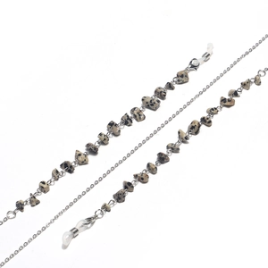 Silver eyeglasses chain with grey leopard stone beads and non-slip rubber loops