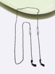 Minimalist silver eyewear chain with white pearls and black rubber anti-slip loops