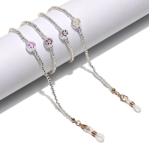 Colorful smile face bead eyewear chain with clear beads and gold lobster clasps