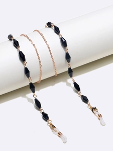 Fashionable black faceted bead and gold chain eyewear strap with non-slip silicone loops