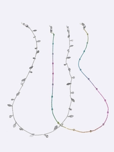 Set of colorful beaded and silver metal leaf eyewear chains with zircons and lobster clasps