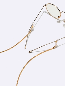 Two-piece gold eyewear chains featuring hollow twist texture and anti-slip silicone loops