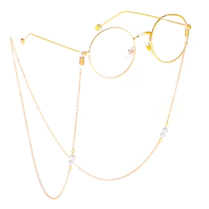 Fashionable gold round frame glasses with elegant pearl chain accessory in 45-degree view
