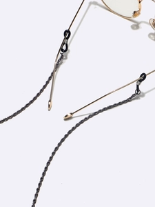 Two-piece black twisted rope metal eyewear chain with adjustable anti-slip rubber loops