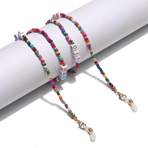 Colorful seed bead glasses chain with square letter beads and golden lobster clasps