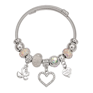 Silver stainless steel twisted rope bracelet with heart and swan charms for DIY styling