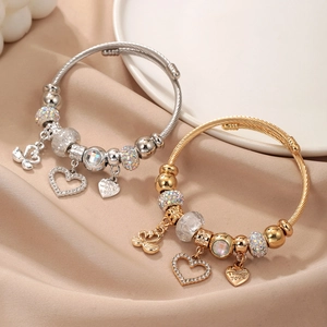 Stainless Steel Charm Bangle Bracelet Heart Swan Pendant Rhinestone Inlaid DIY Beaded Twisted Rope Luxury Jewelry Women