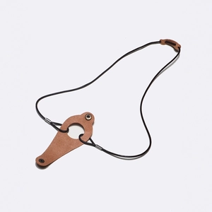 Brown faux leather glasses cord with black neck strap and durable metal button closure