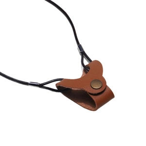 Brown faux leather eyewear holder necklace with antique bronze snap and black cord lanyard