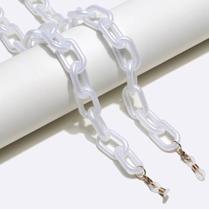 Minimalist pearl white acrylic eyewear chain with large links and golden metal lobster clasps